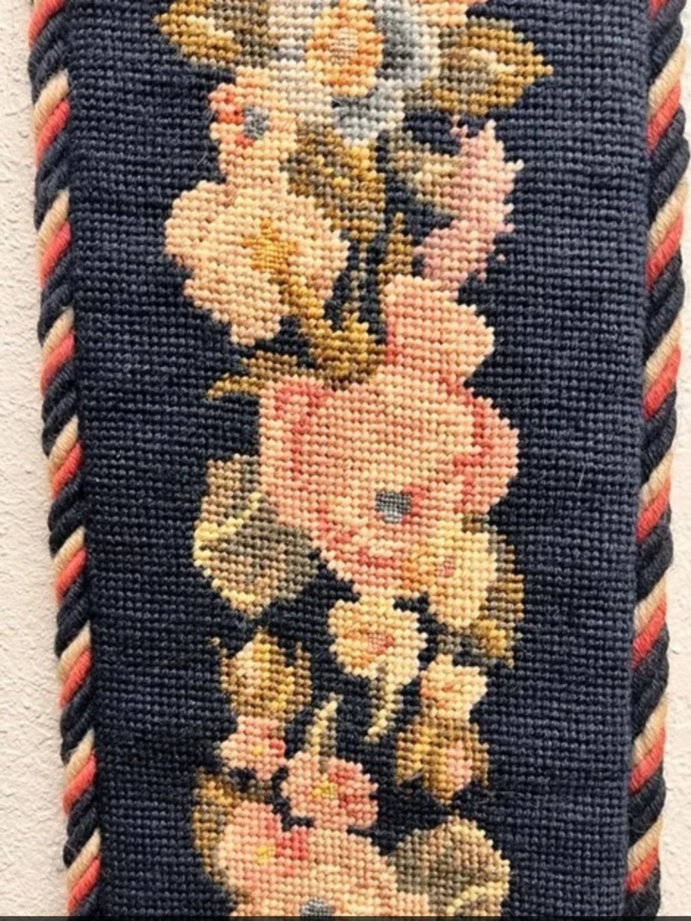 Antique Needlepoint Bell Pull Navy Pink Rose French Victorian Cottagecore - Picture 3 of 6
